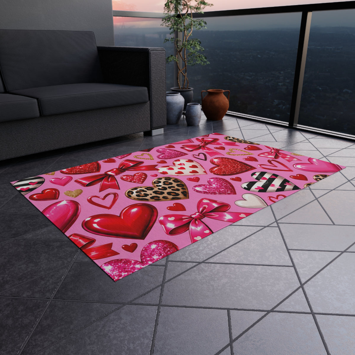 Valentine Heart Pattern Outdoor Rug - Pink Hearts & Bows Patio Mat
