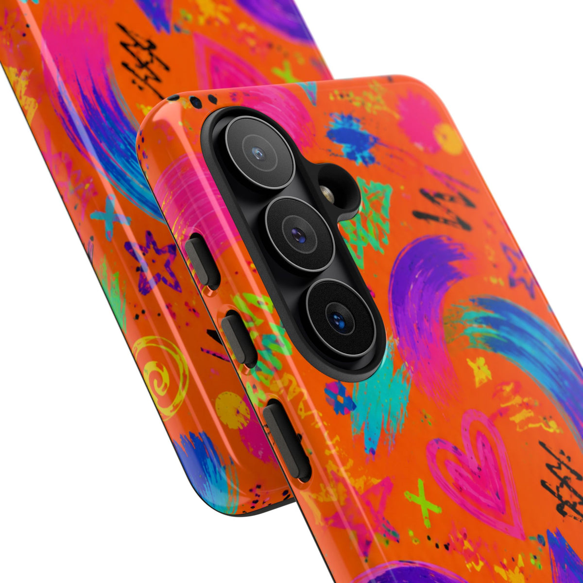 Colorful Neon Doodle Phone Case — Bright Abstract Stars & Hearts Tough Case