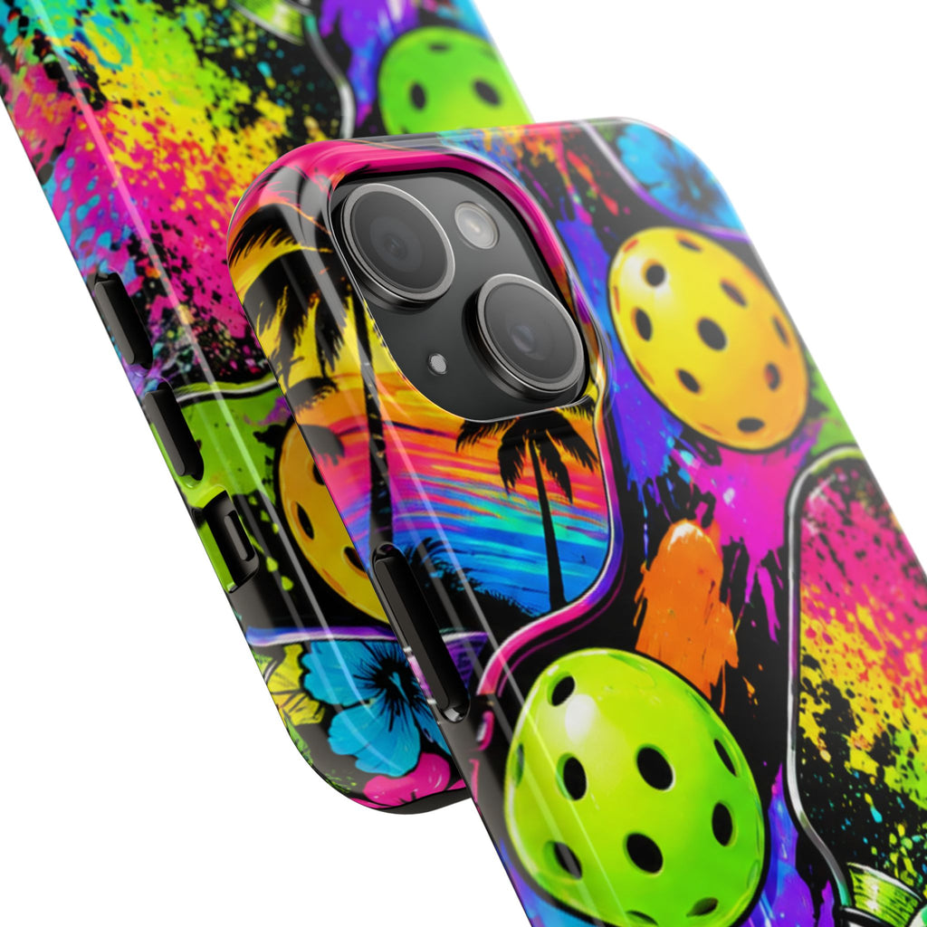 Pickleball Splash Tough Phone Case — Neon Paddle & Ball Protective Cover