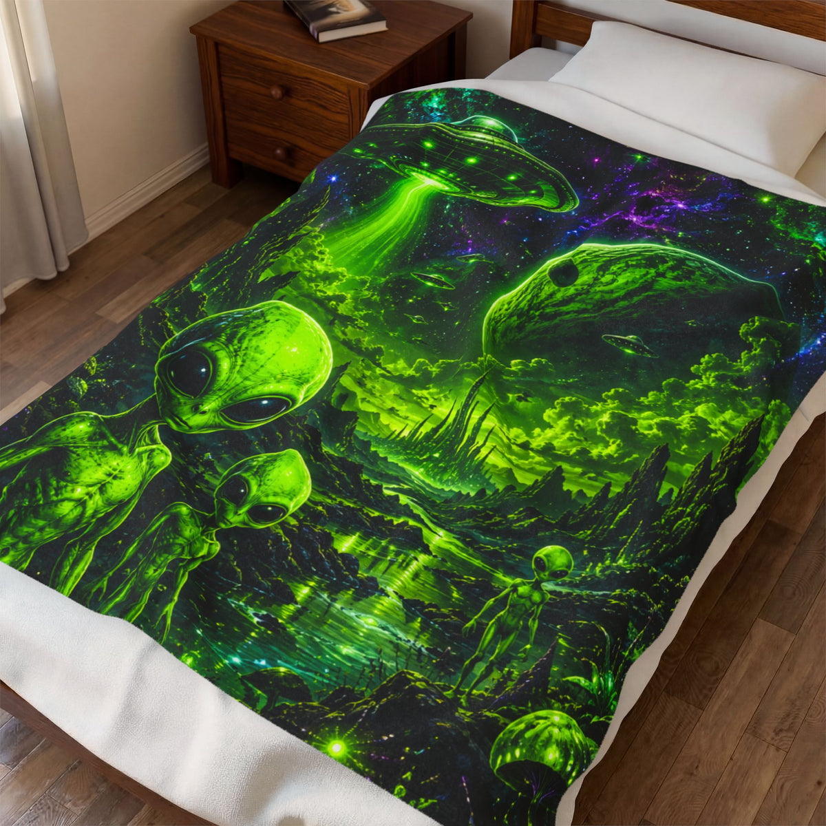 Alien Abduction Velveteen Plush Blanket – Neon Green UFO & Space Scene