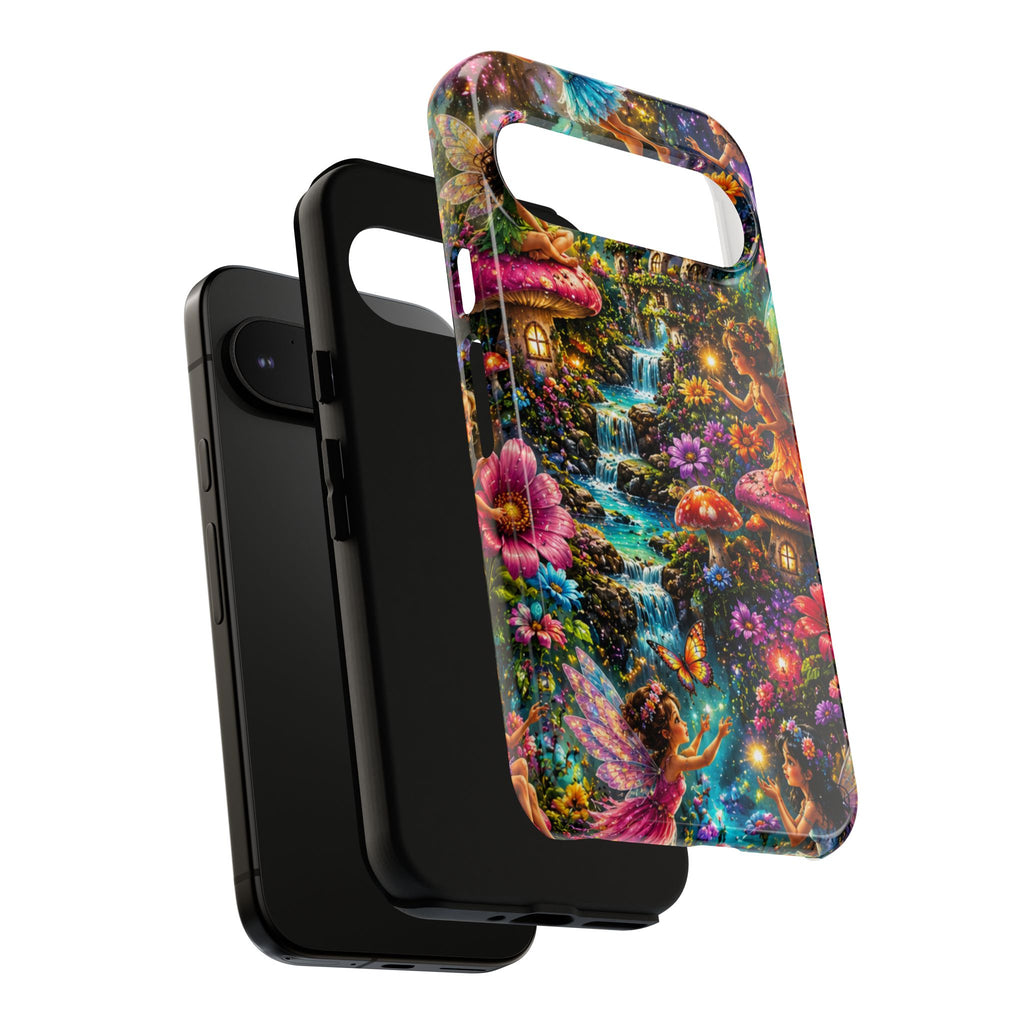 Fairy Garden Tough Phone Case — Whimsical Cottage, Waterfall & Mushroom Artwork