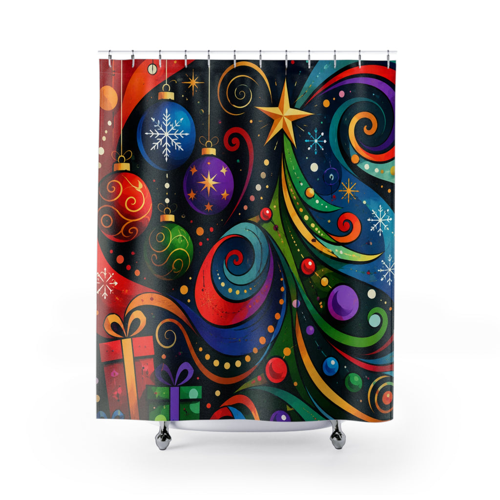 Colorful Swirl Christmas Tree Shower Curtain | Holiday Bathroom Décor