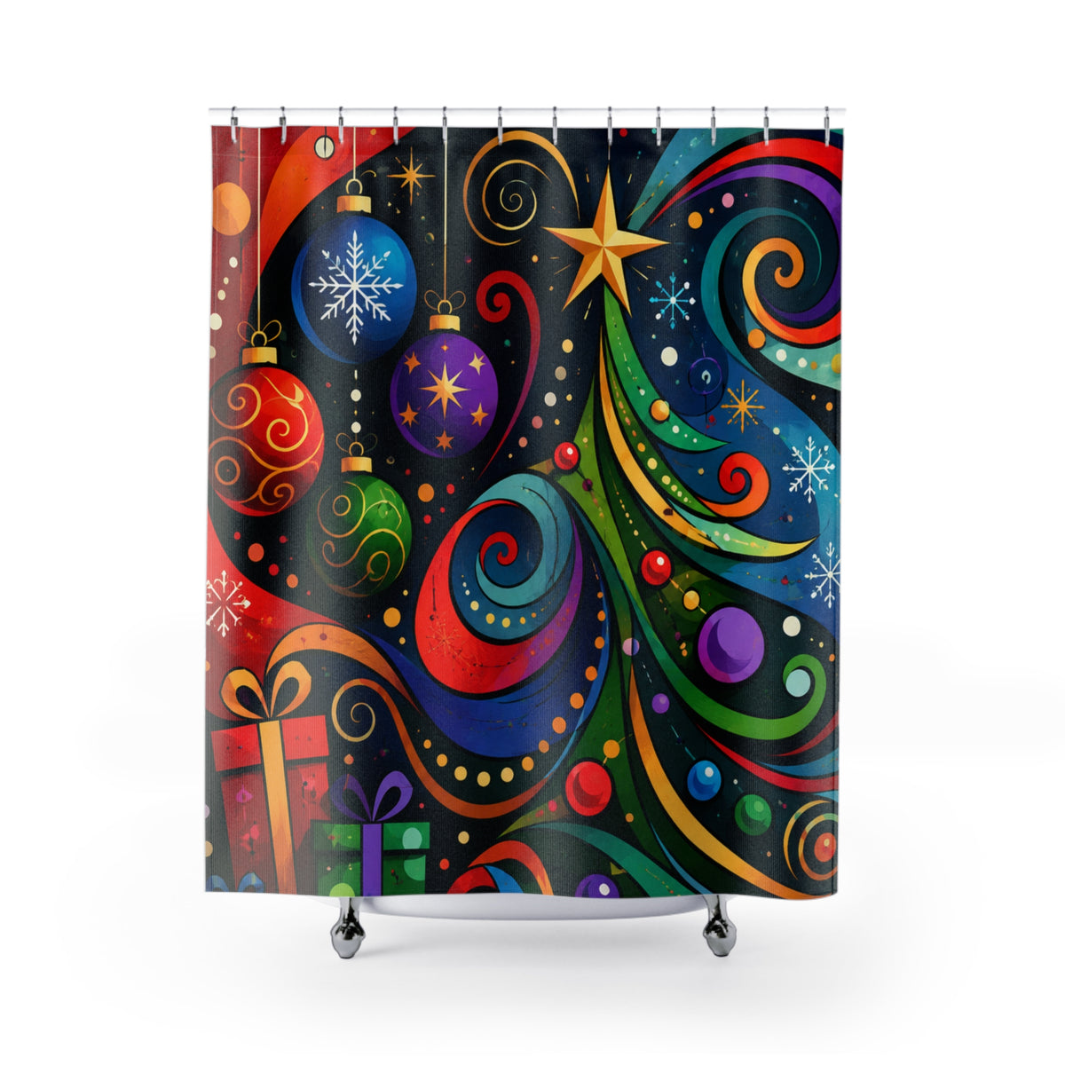 Colorful Swirl Christmas Tree Shower Curtain | Holiday Bathroom Décor