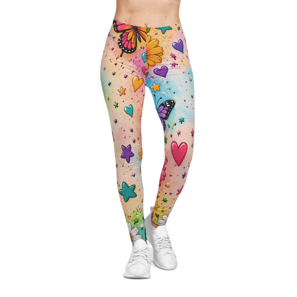Rainbow Butterfly Hearts Leggings — Colorful Floral All-Over Print Leggings
