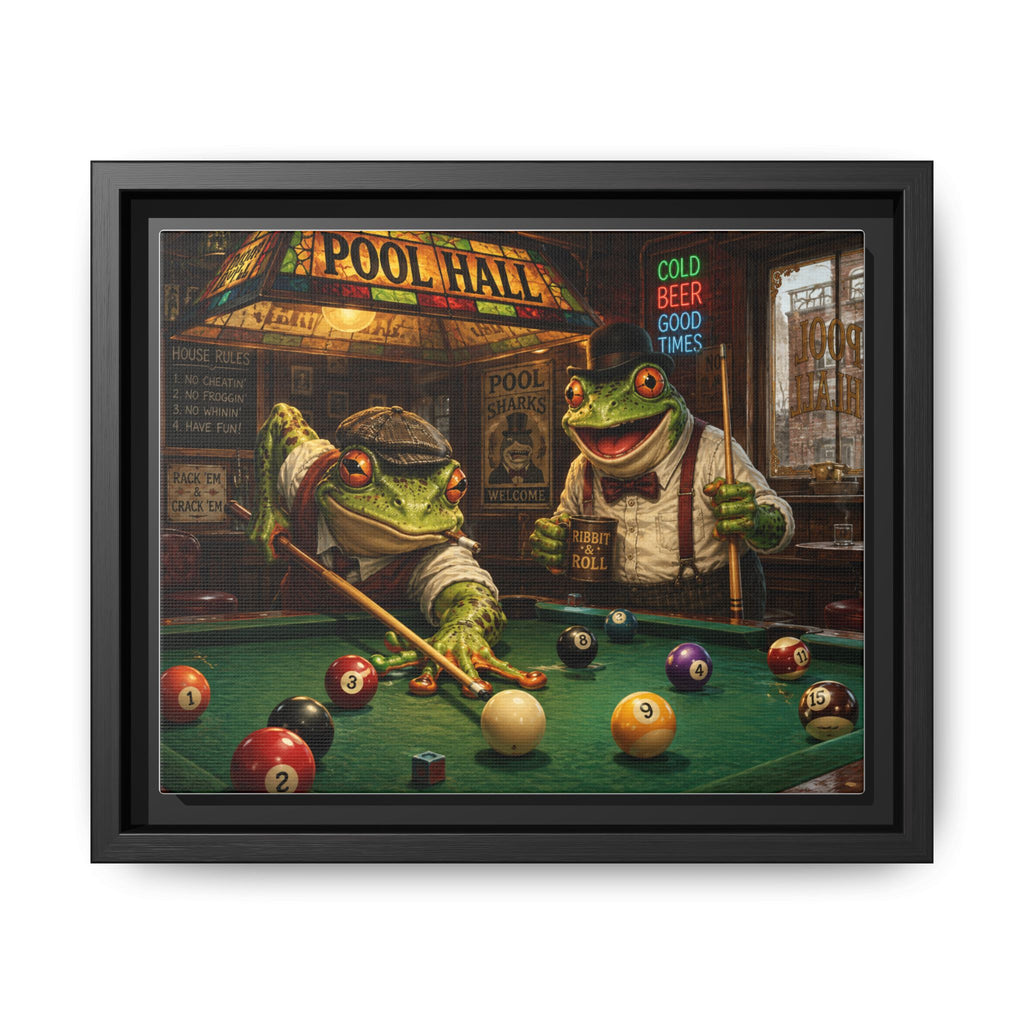 Frogs Playing Pool Matte Canvas Framed