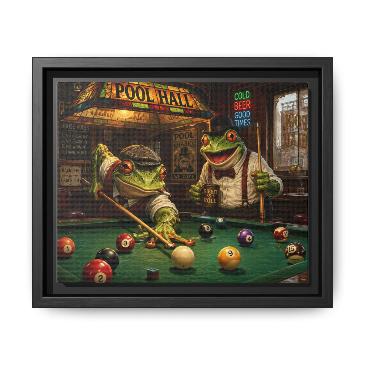 Frogs Playing Pool Matte Canvas Framed