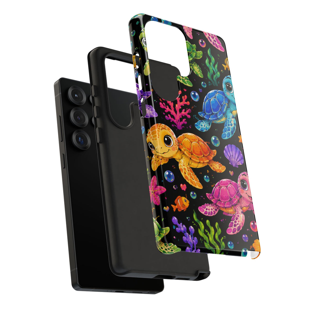 Phone Case — Colorful Cute Sea Turtles on Black (Protective Smartphone Cover)