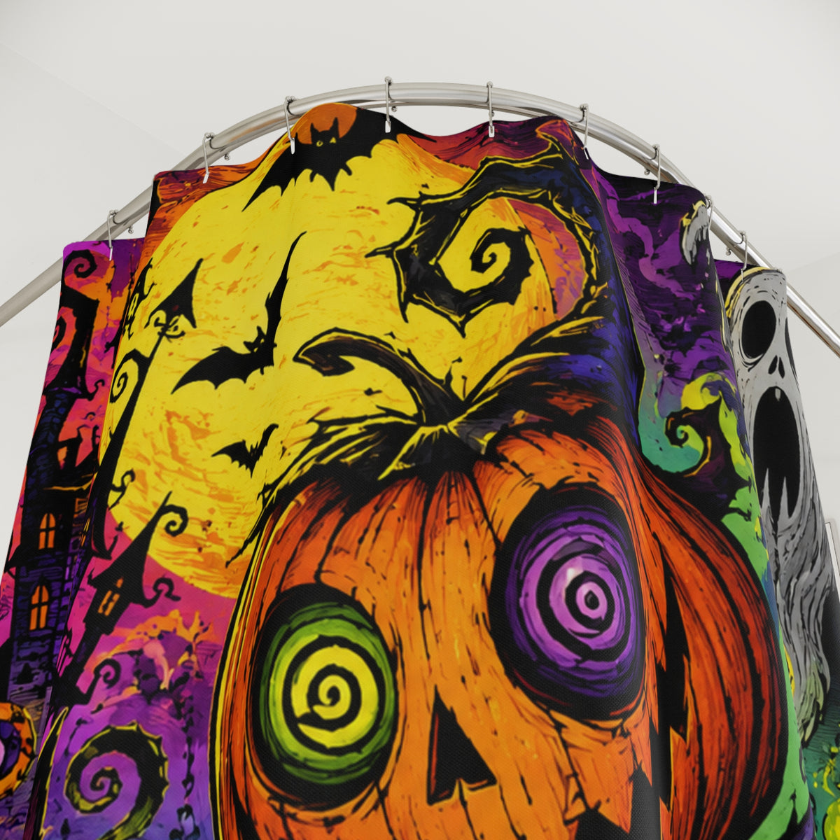 Halloween Pumpkin Scarecrow Shower Curtain - Spooky Neon Haunted Bath Decor
