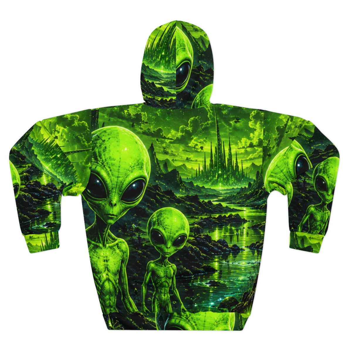 Alien Landscape Hoodie — Neon Green Extraterrestrial All-Over Print