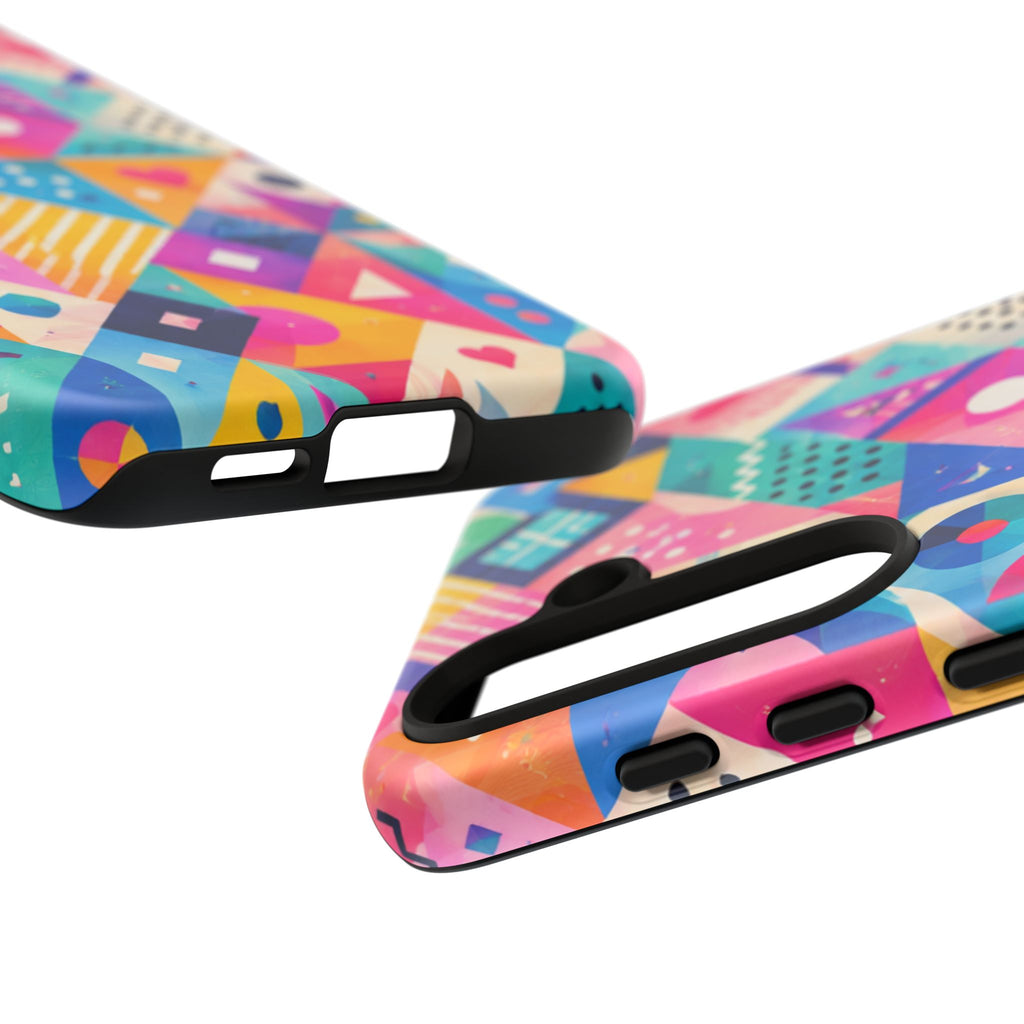 Colorful Geometric Tough Phone Case — Bright Abstract Heart & Triangle Pattern