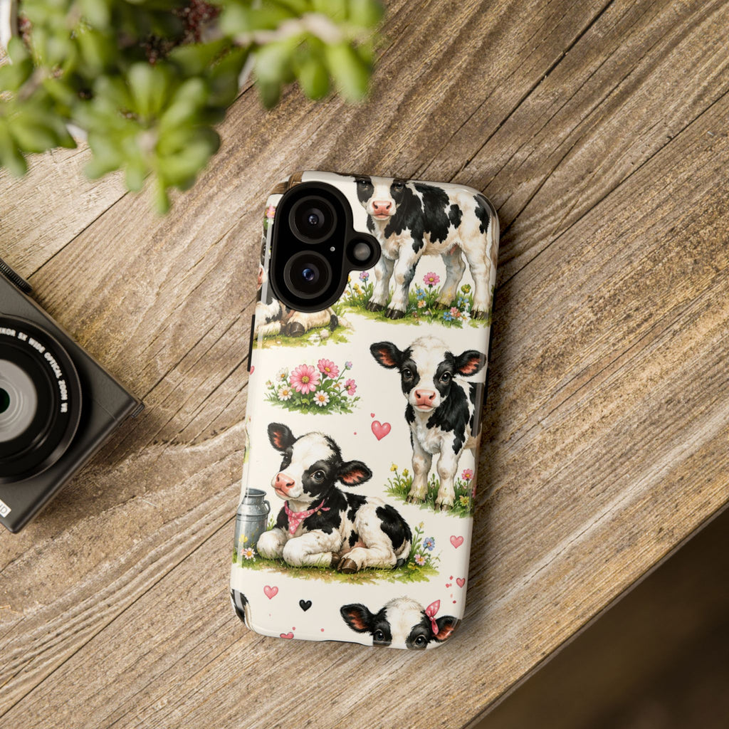Cute Calf Pattern Phone Case – Pastel Cow Hearts & Flowers Protective Cover
