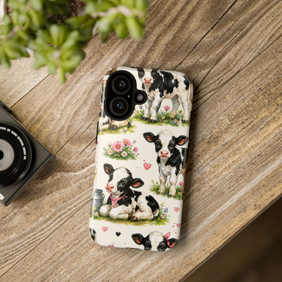 Cute Calf Pattern Phone Case – Pastel Cow Hearts & Flowers Protective Cover