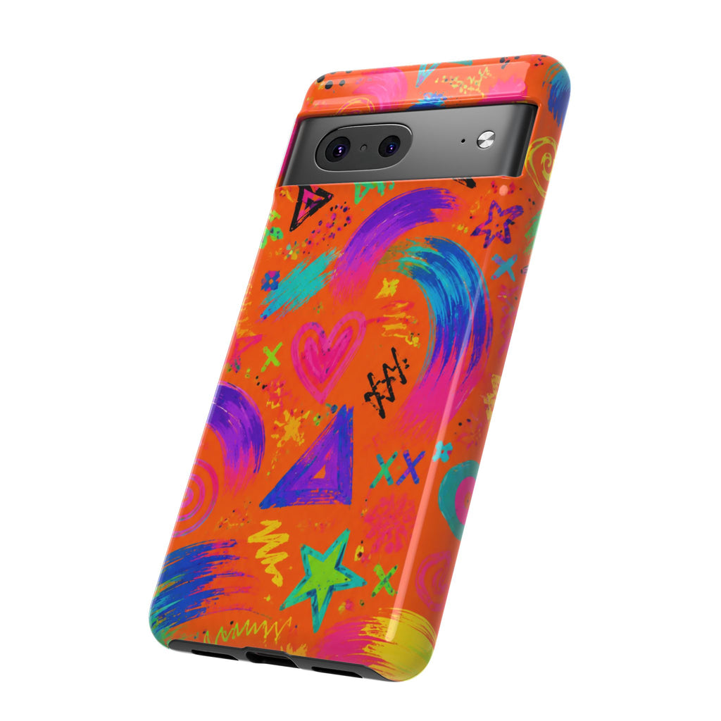 Colorful Neon Doodle Phone Case — Bright Abstract Stars & Hearts Tough Case