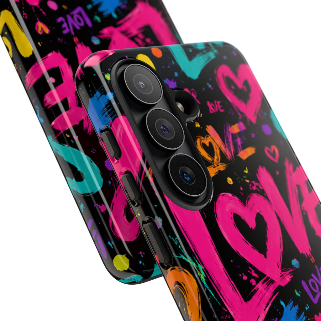 Phone Case — Neon Graffiti "Love" Hearts Protective Tough Case