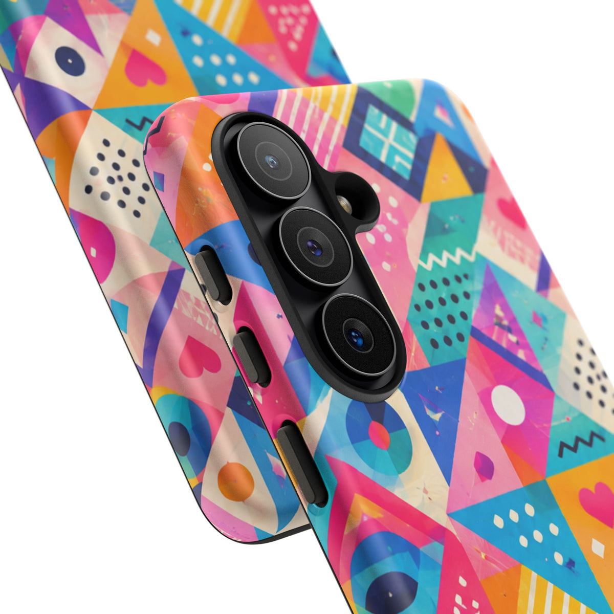 Colorful Geometric Tough Phone Case — Bright Abstract Heart & Triangle Pattern