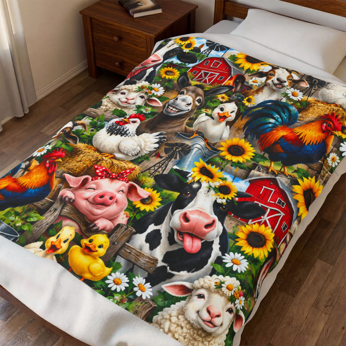 Farm Animal Velveteen Plush Blanket – Colorful Barnyard Rooster, Cow & Pig Throw