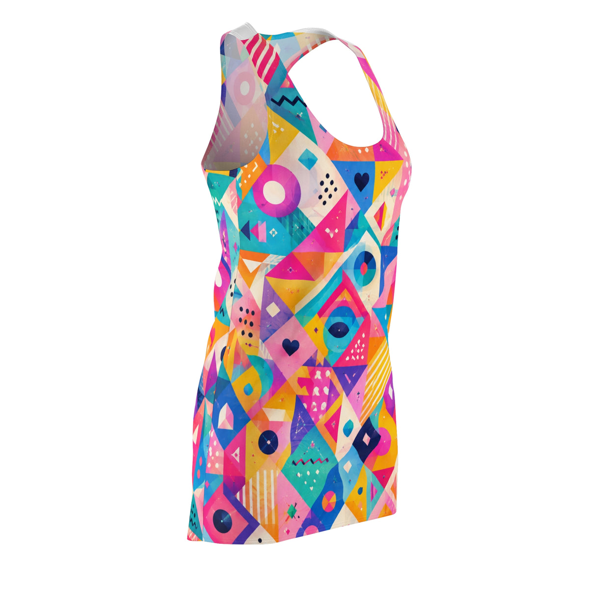 Geometric Neon Mosaic Racerback Dress — Colorful Abstract All-Over Print
