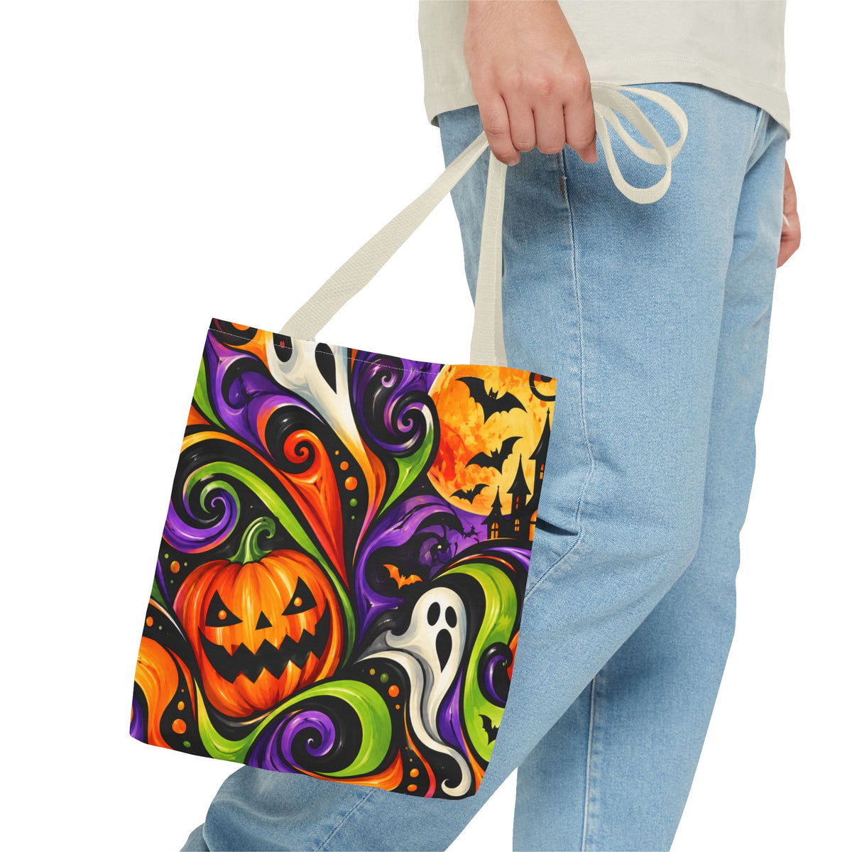 Halloween Swirl Tote Bag — Colorful Pumpkin & Ghost Trick-or-Treat Tote