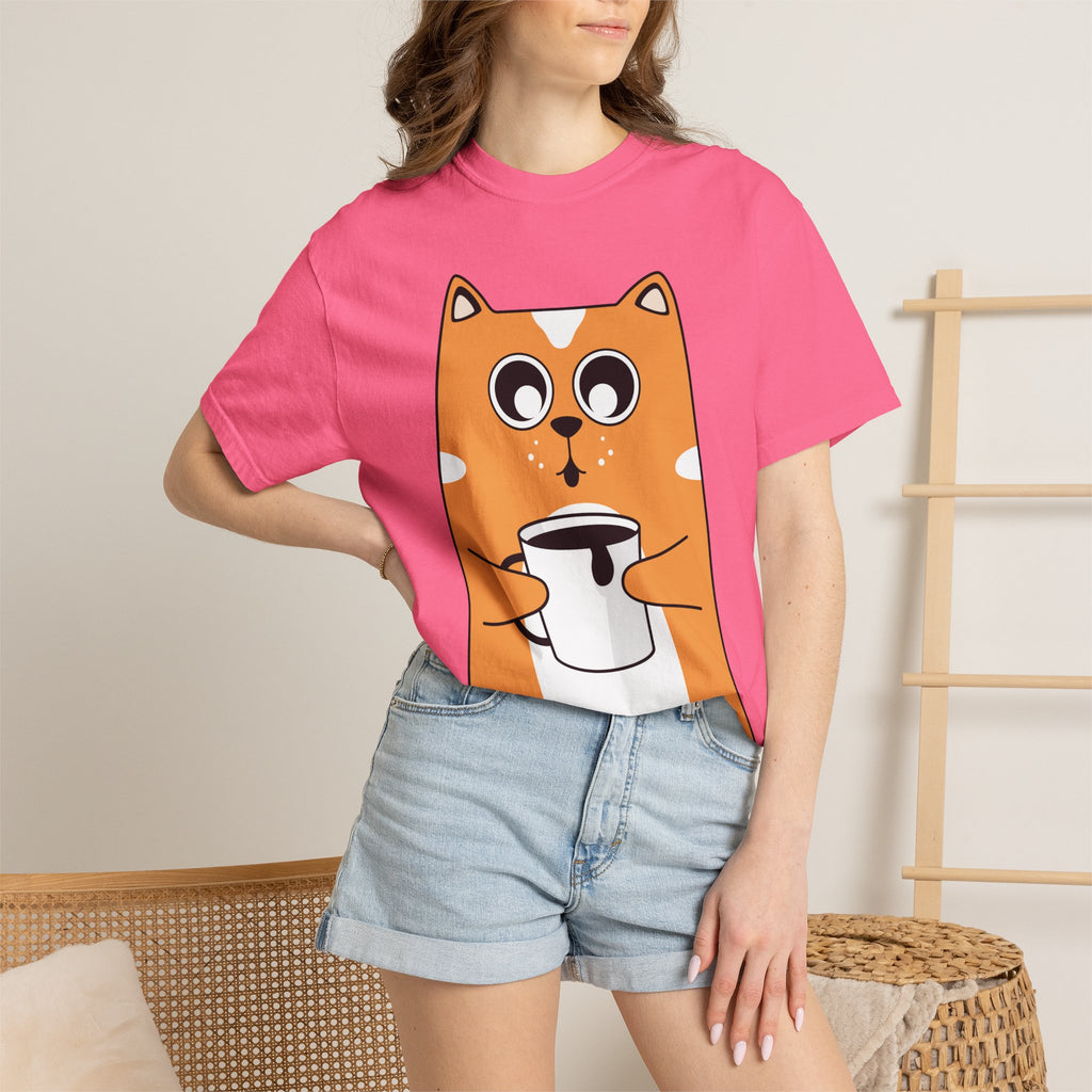 Coffee Cat T-Shirt — Cute Cat Holding Coffee Mug, “My morning doesn’t start until the coffee clocks in” Tee