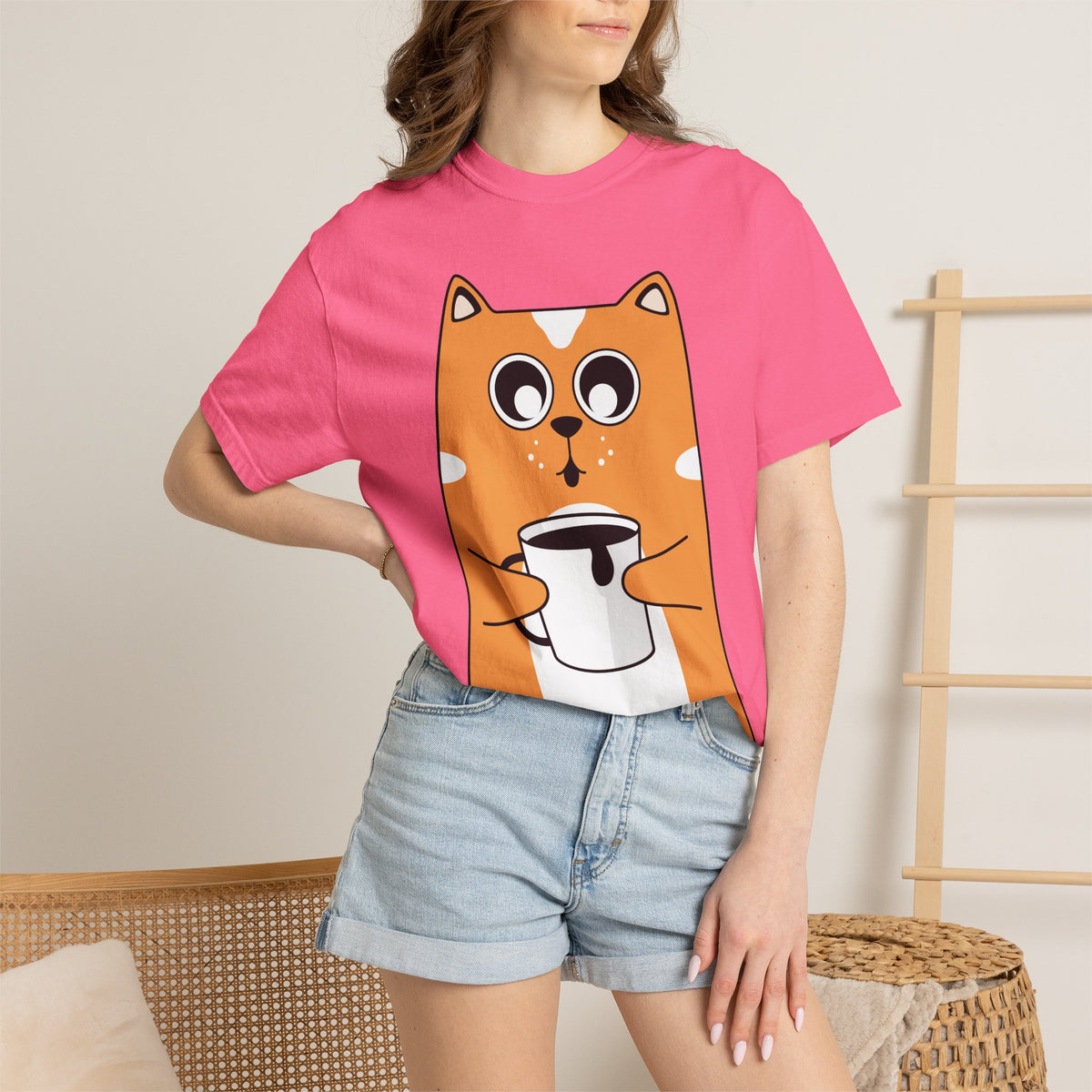 Coffee Cat T-Shirt — Cute Cat Holding Coffee Mug, “My morning doesn’t start until the coffee clocks in” Tee