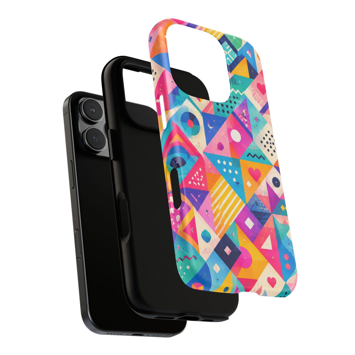 Colorful Geometric Tough Phone Case — Bright Abstract Heart & Triangle Pattern