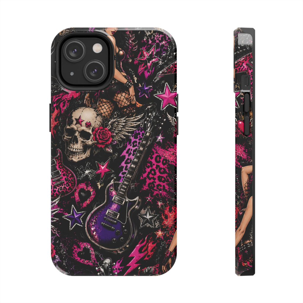 Rock Skull Guitar Phone Case — Edgy Pink Skull & Roses Tough Phone Case