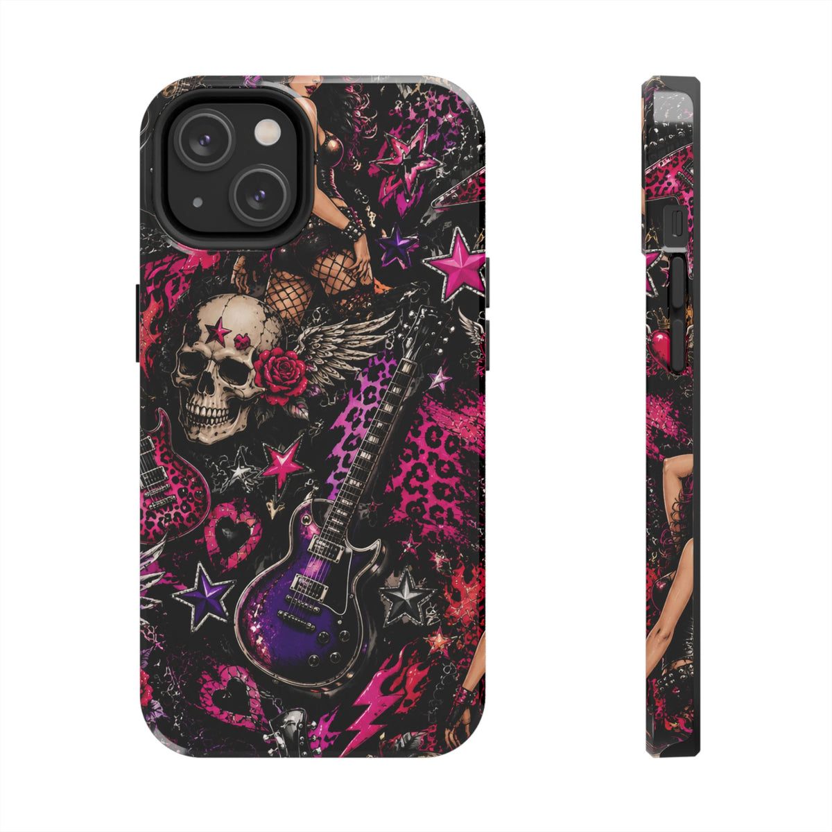 Rock Skull Guitar Phone Case — Edgy Pink Skull & Roses Tough Phone Case