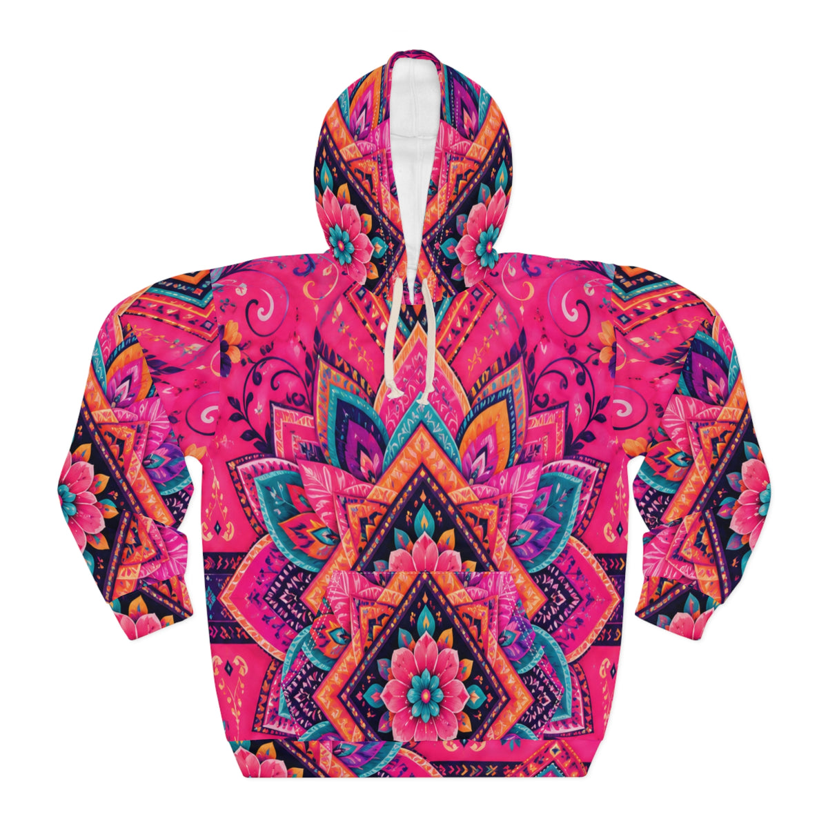 Mandala Floral Hoodie — Vibrant Pink Boho All-Over Print