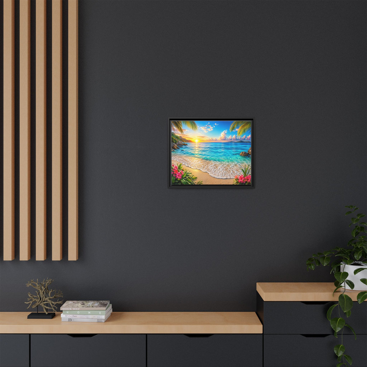 Framed Beach Sunset Matte Canvas Wall Art — Tropical Ocean Sunrise Decor