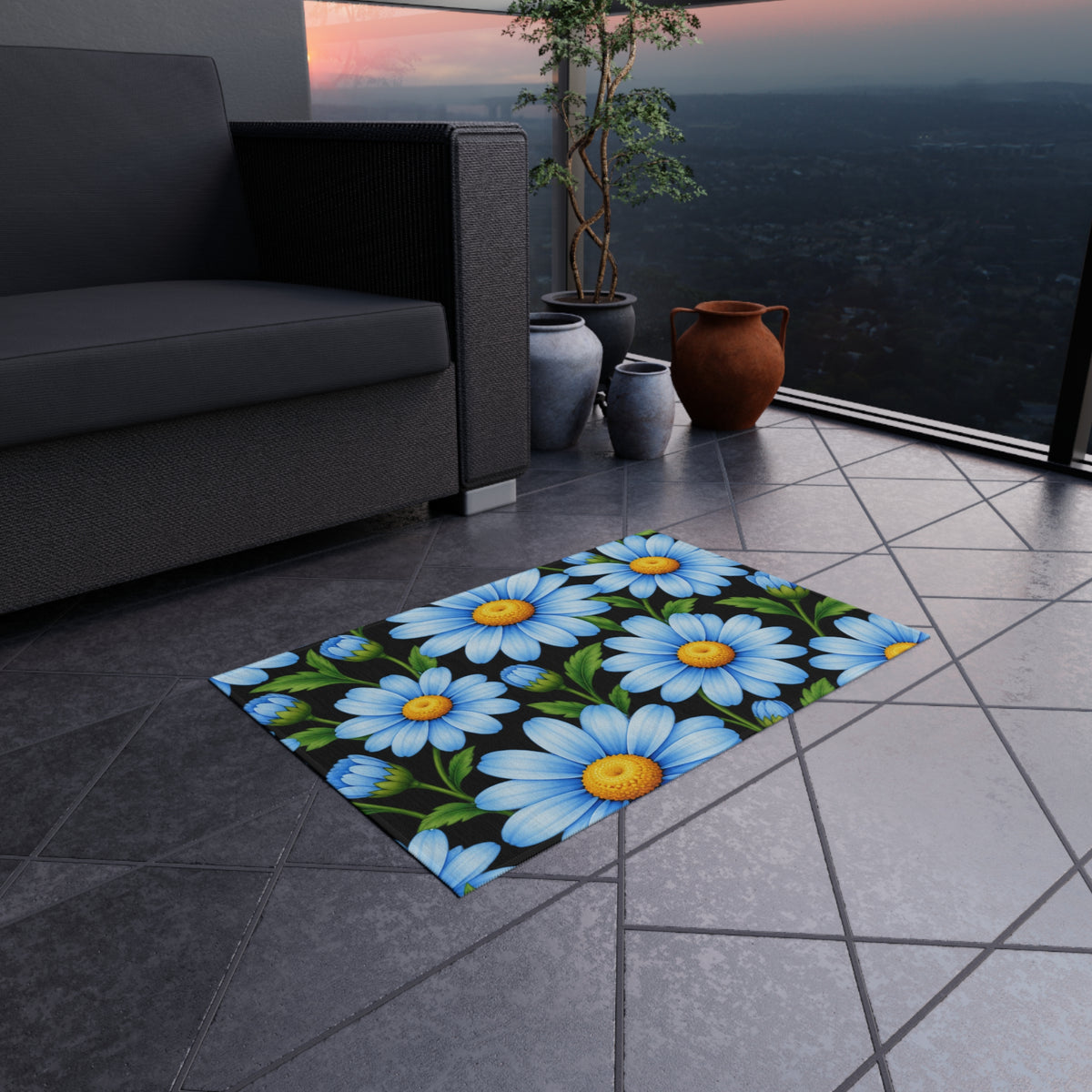 Blue Daisy Outdoor Rug — Cheerful Floral Patio Mat
