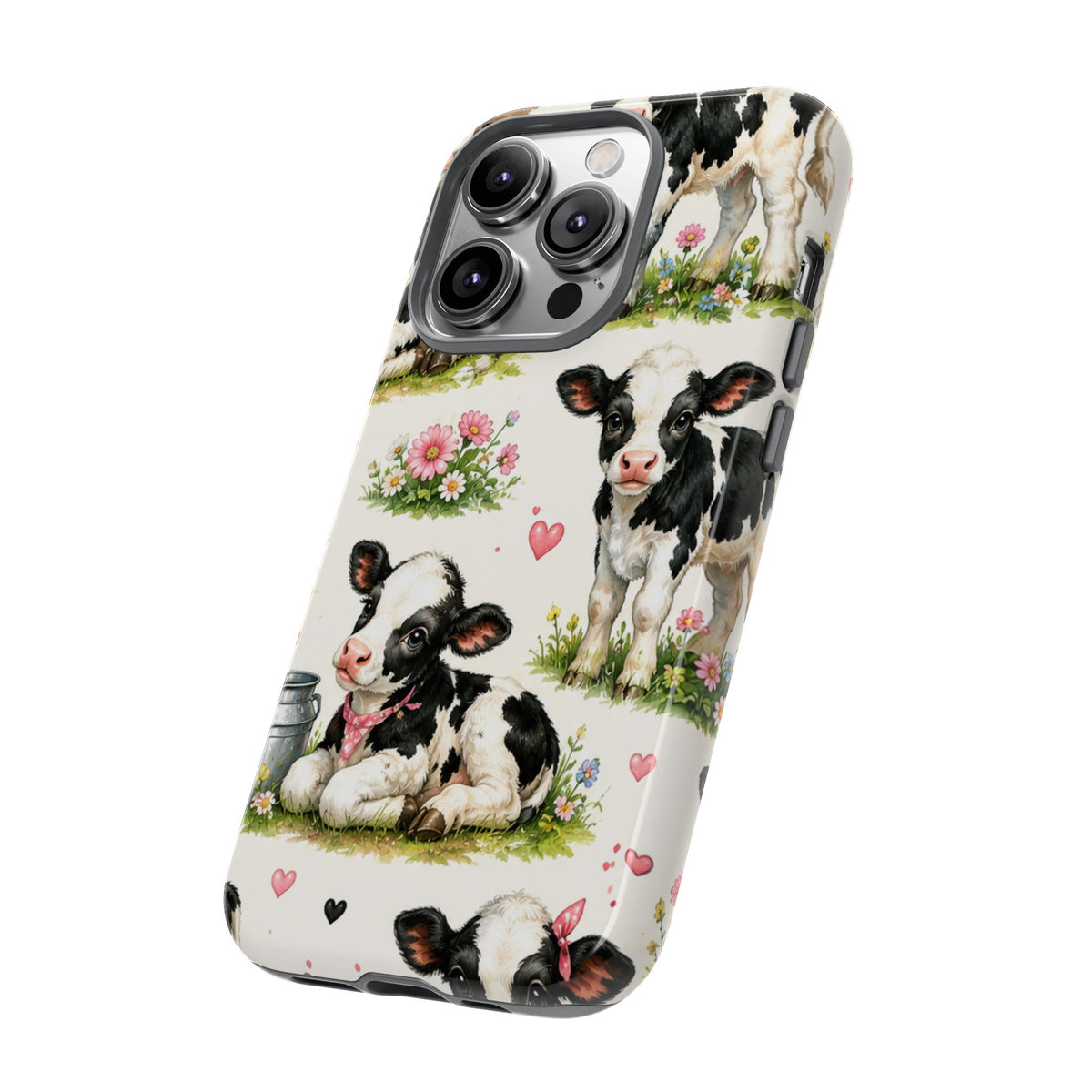 Cute Calf Pattern Phone Case – Pastel Cow Hearts & Flowers Protective Cover