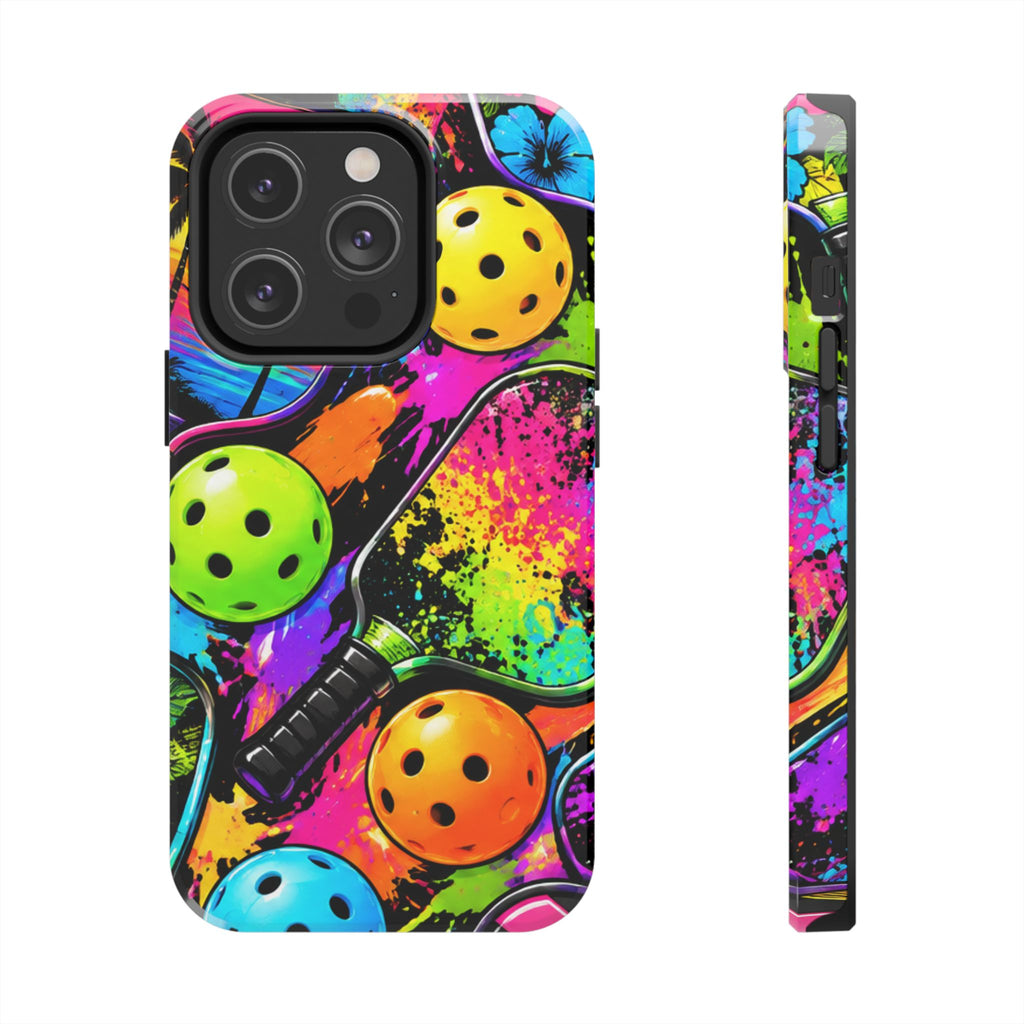 Pickleball Splash Tough Phone Case — Neon Paddle & Ball Protective Cover
