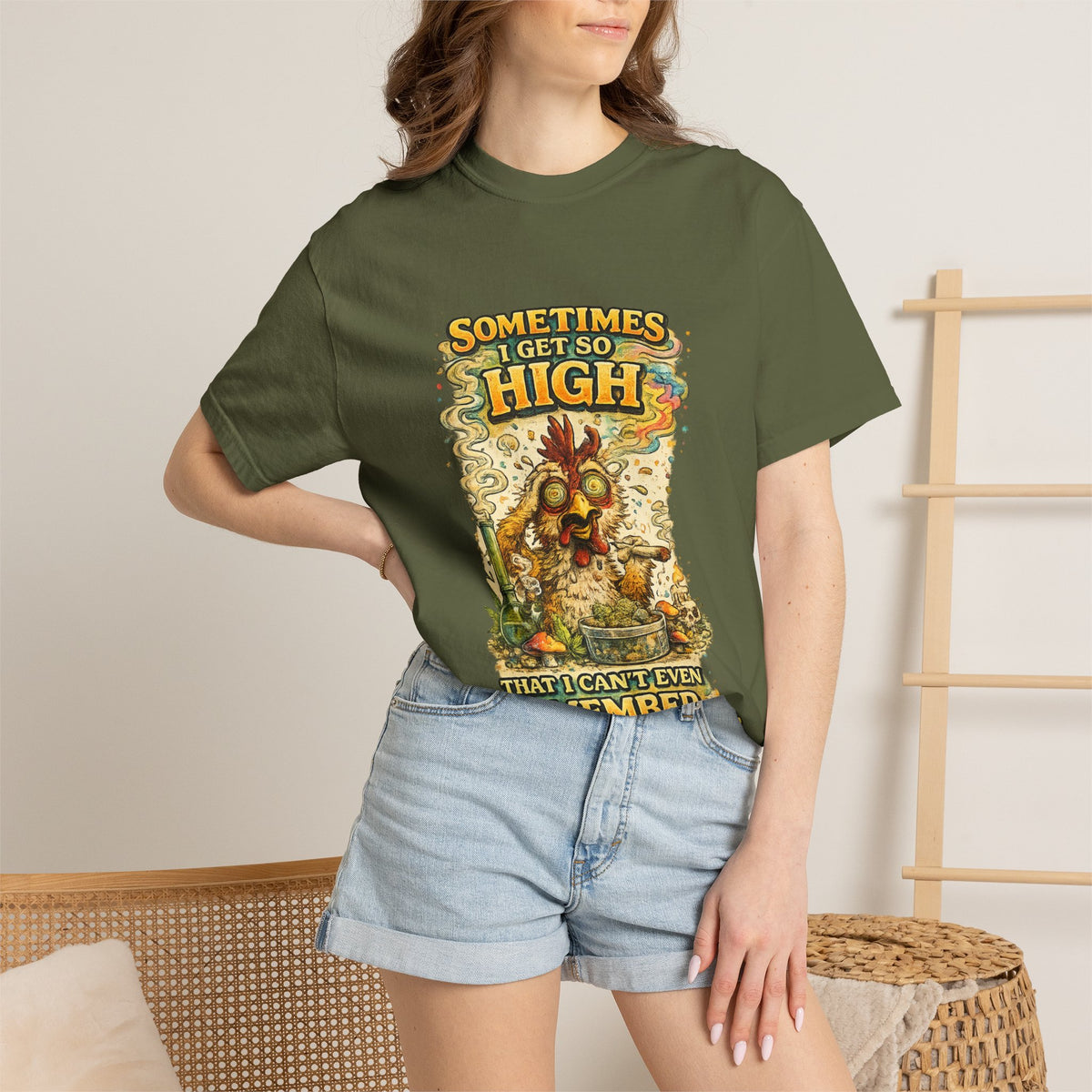 Sometimes I Get So High chicken illustration T-shirt | psychedelic farm design