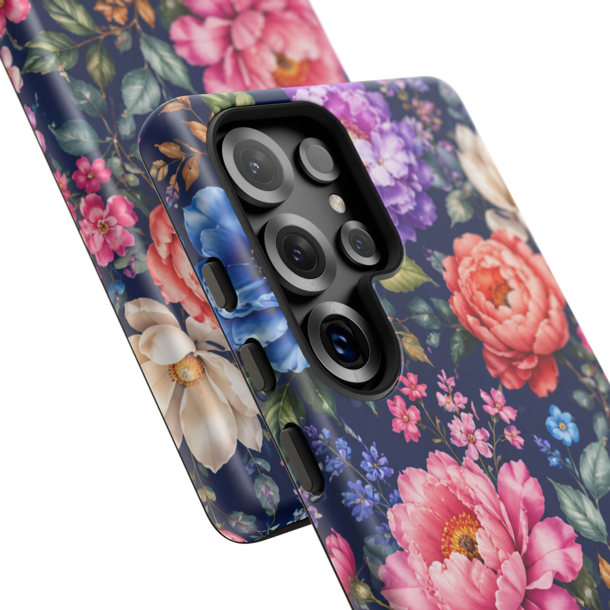 Floral Tough Phone Case – Vibrant Garden Flowers on Navy