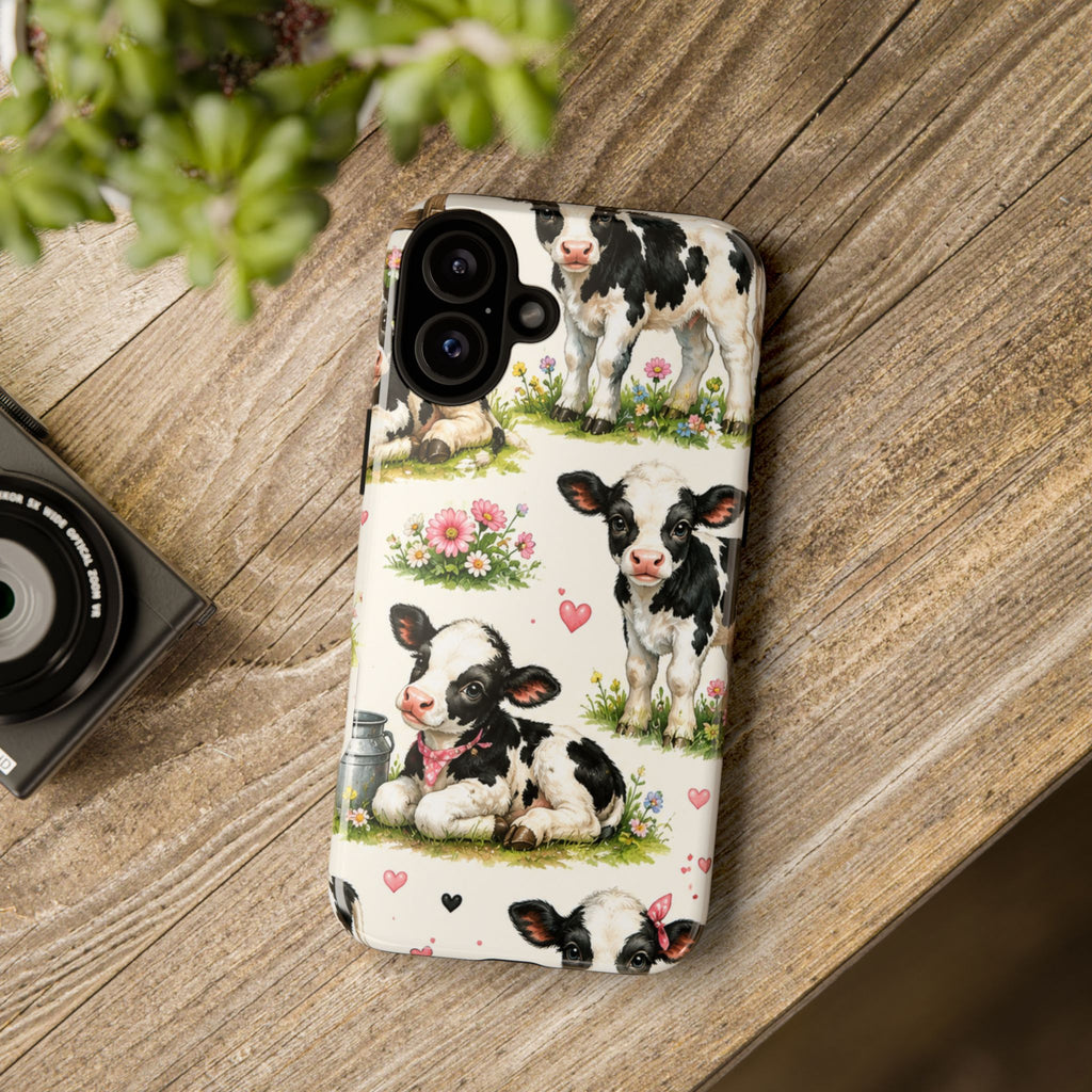 Cute Calf Pattern Phone Case – Pastel Cow Hearts & Flowers Protective Cover