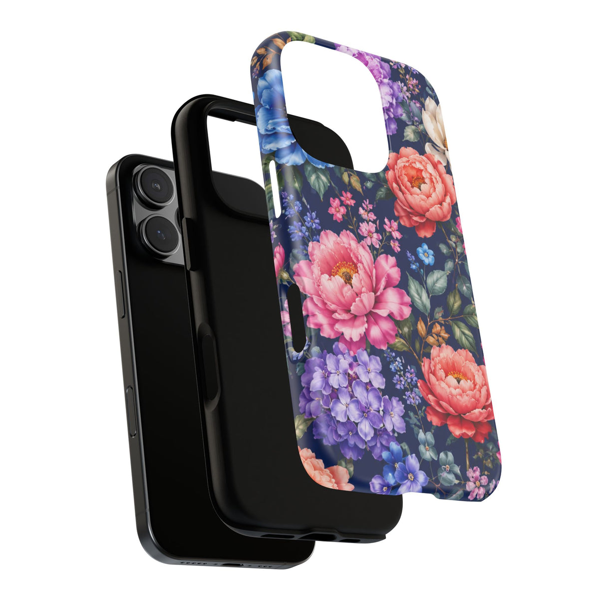Floral Tough Phone Case – Vibrant Garden Flowers on Navy