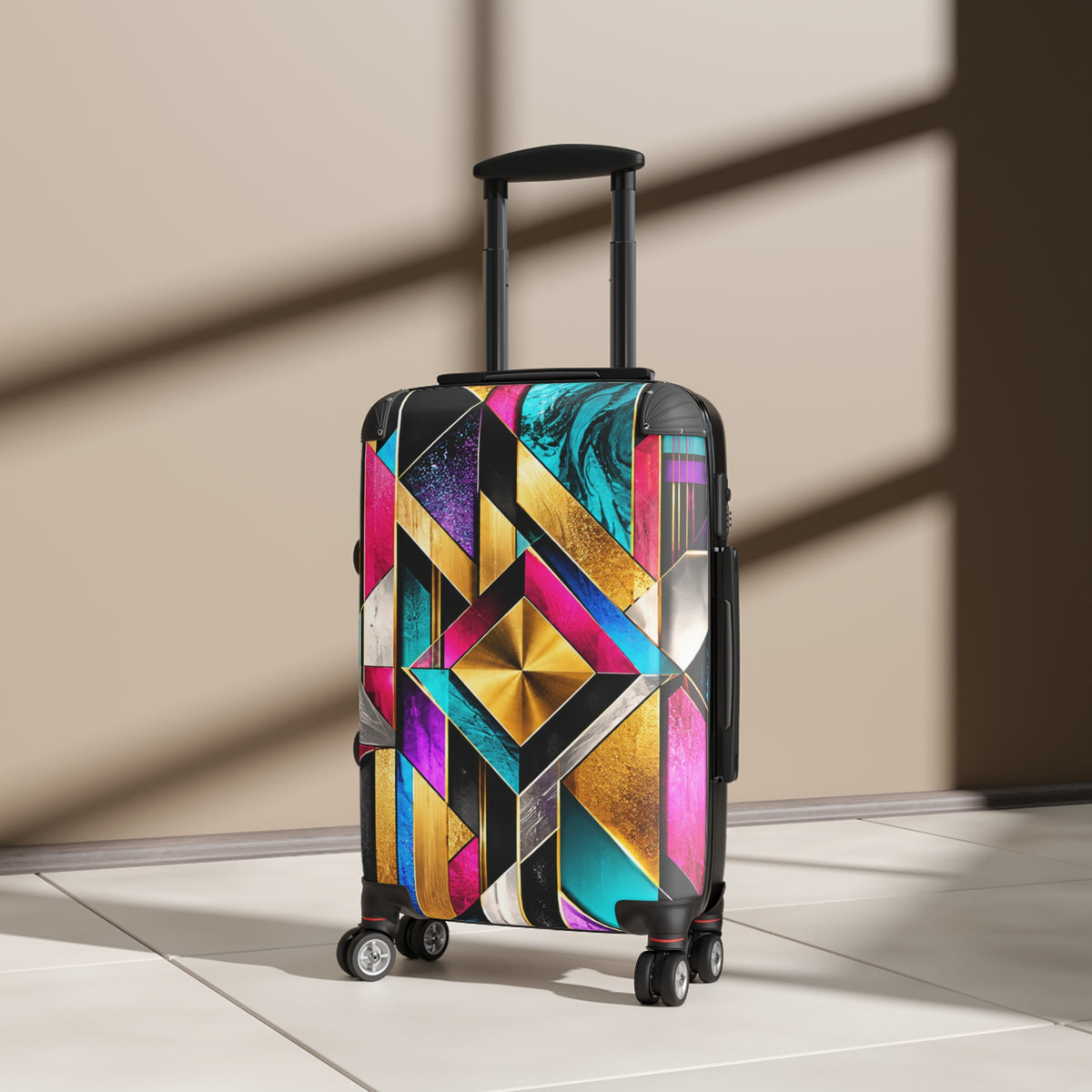 Geometric Glam Carry-On Suitcase – Bold Gold, Teal & Magenta Art Deco Design