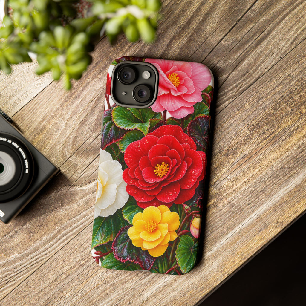 Floral Begonia Phone Case — Vibrant Red, Pink & Yellow Blossom Protective Cover