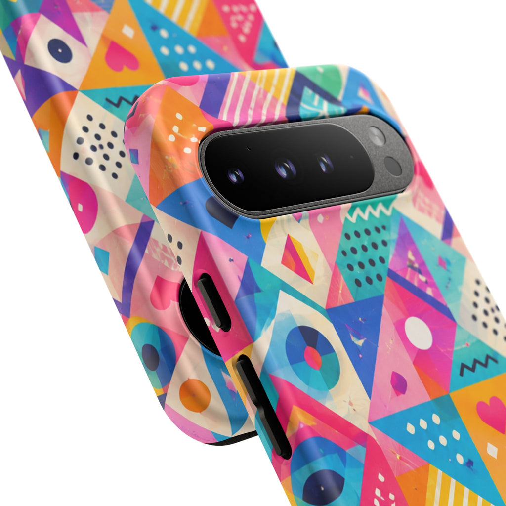 Colorful Geometric Tough Phone Case — Bright Abstract Heart & Triangle Pattern