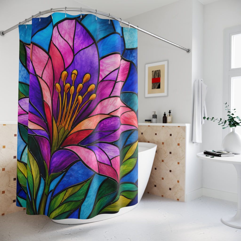 Stained Glass Floral Shower Curtain – Vibrant Purple & Blue Lily Bathroom Decor
