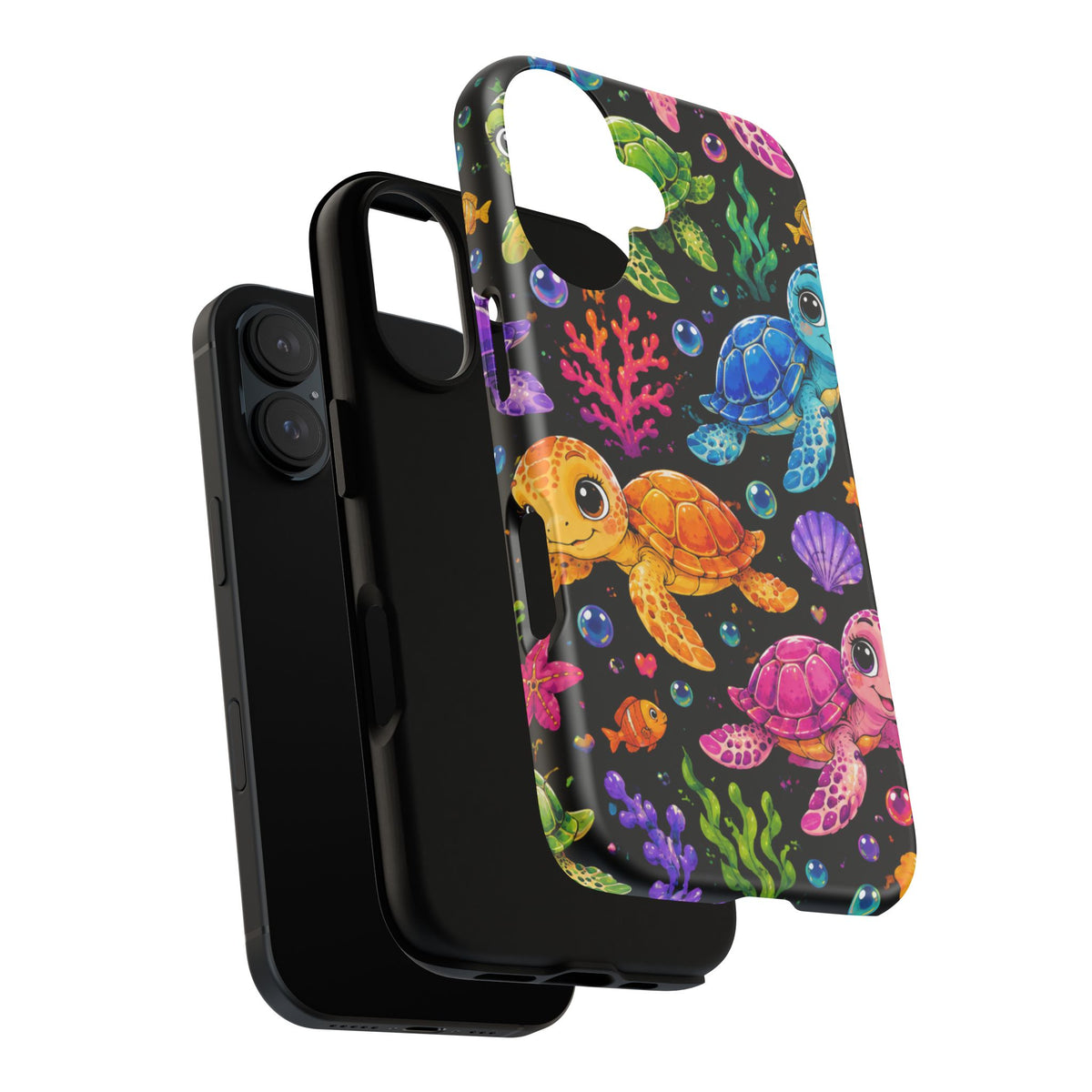 Phone Case — Colorful Cute Sea Turtles on Black (Protective Smartphone Cover)