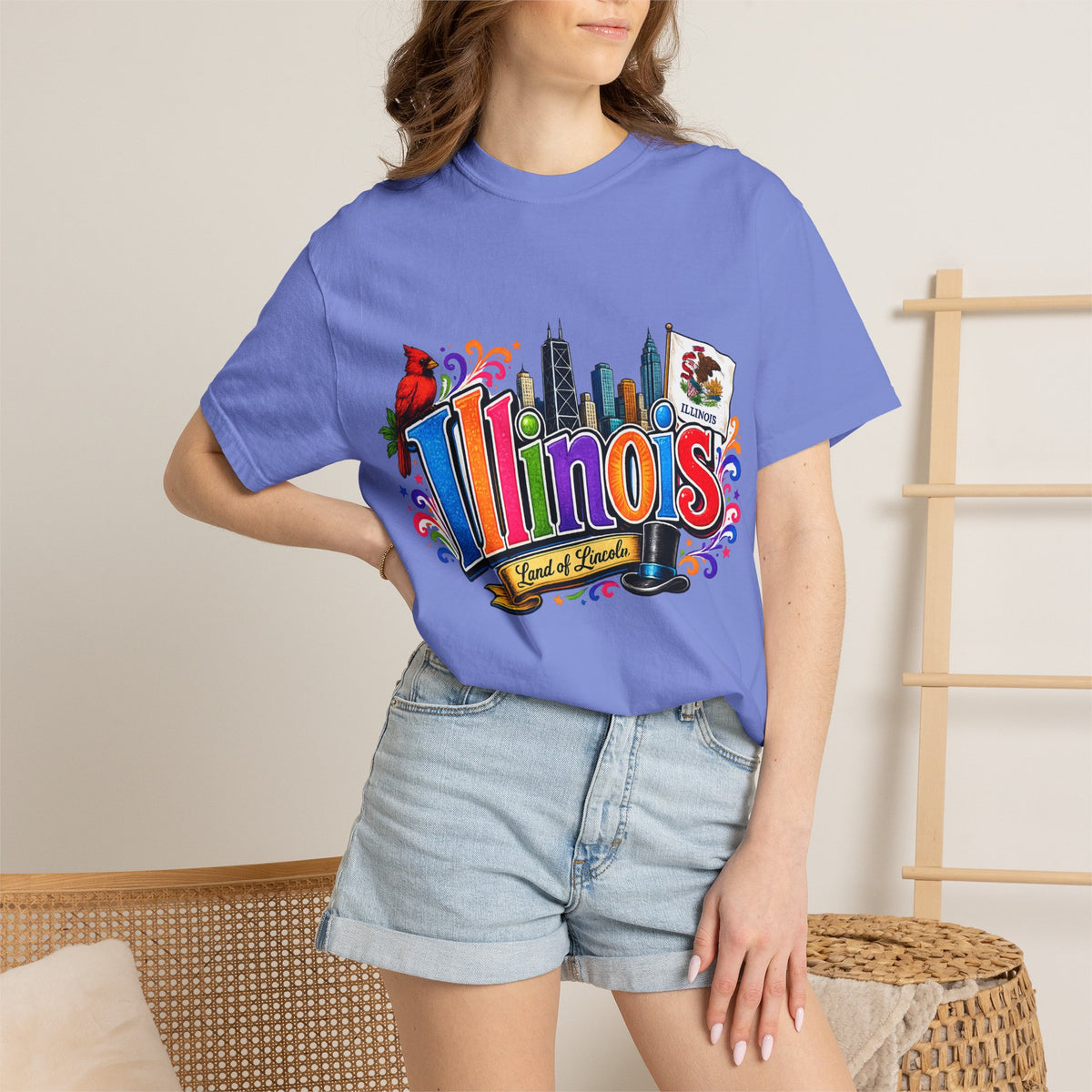 Illinois state skyline tee | Illinois T-shirt with cardinal and state flag