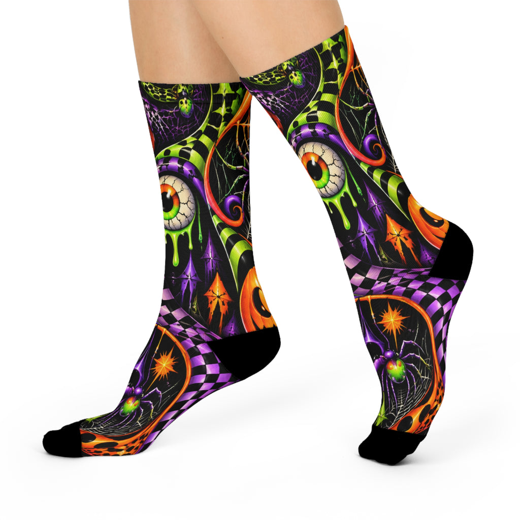 Halloween Spiral Eye Crew Socks — Cushioned Spooky Patterned Socks