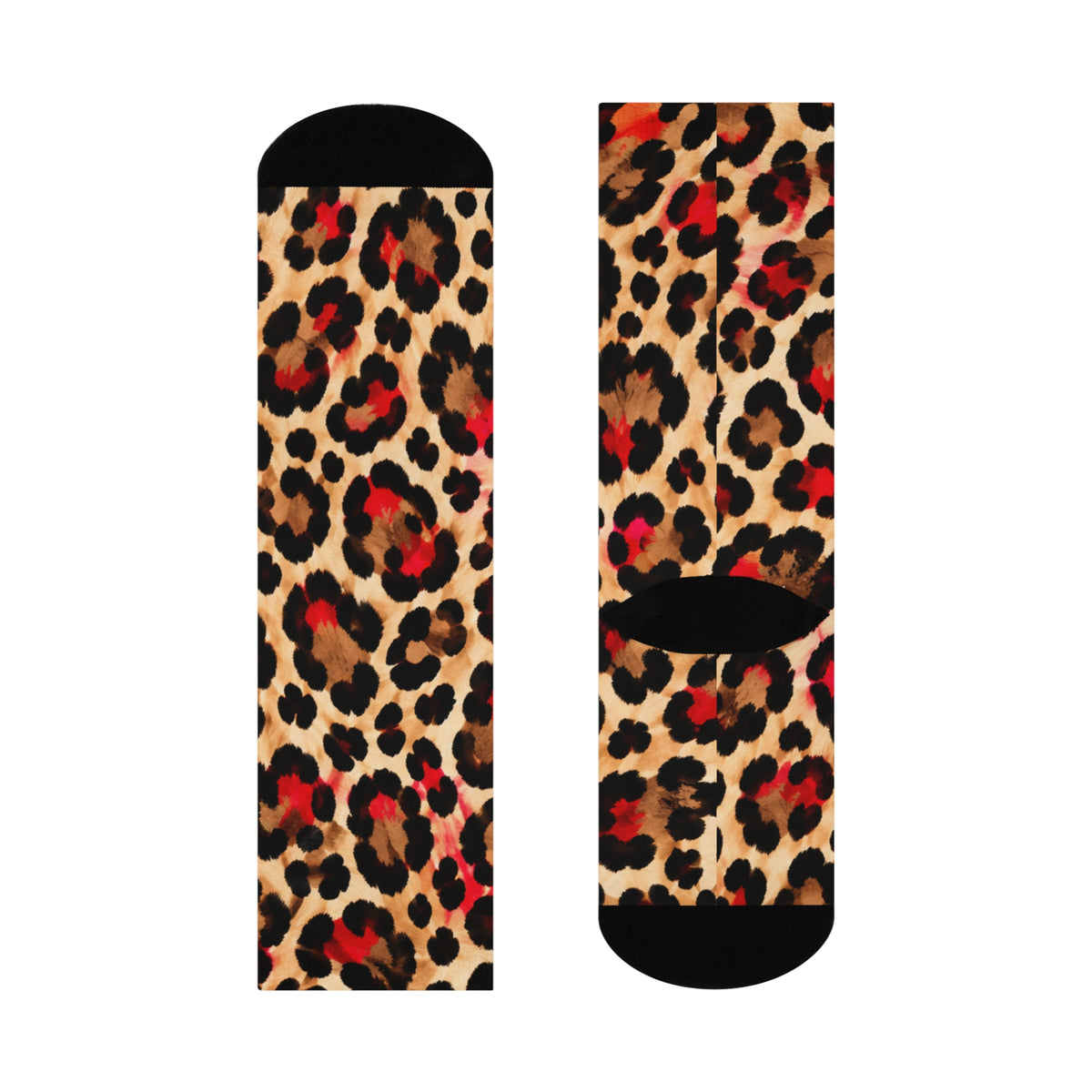 Leopard Print Crew Socks — Cushioned Animal Print Socks with Red Accent