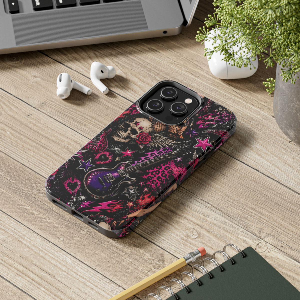 Rock Skull Guitar Phone Case — Edgy Pink Skull & Roses Tough Phone Case