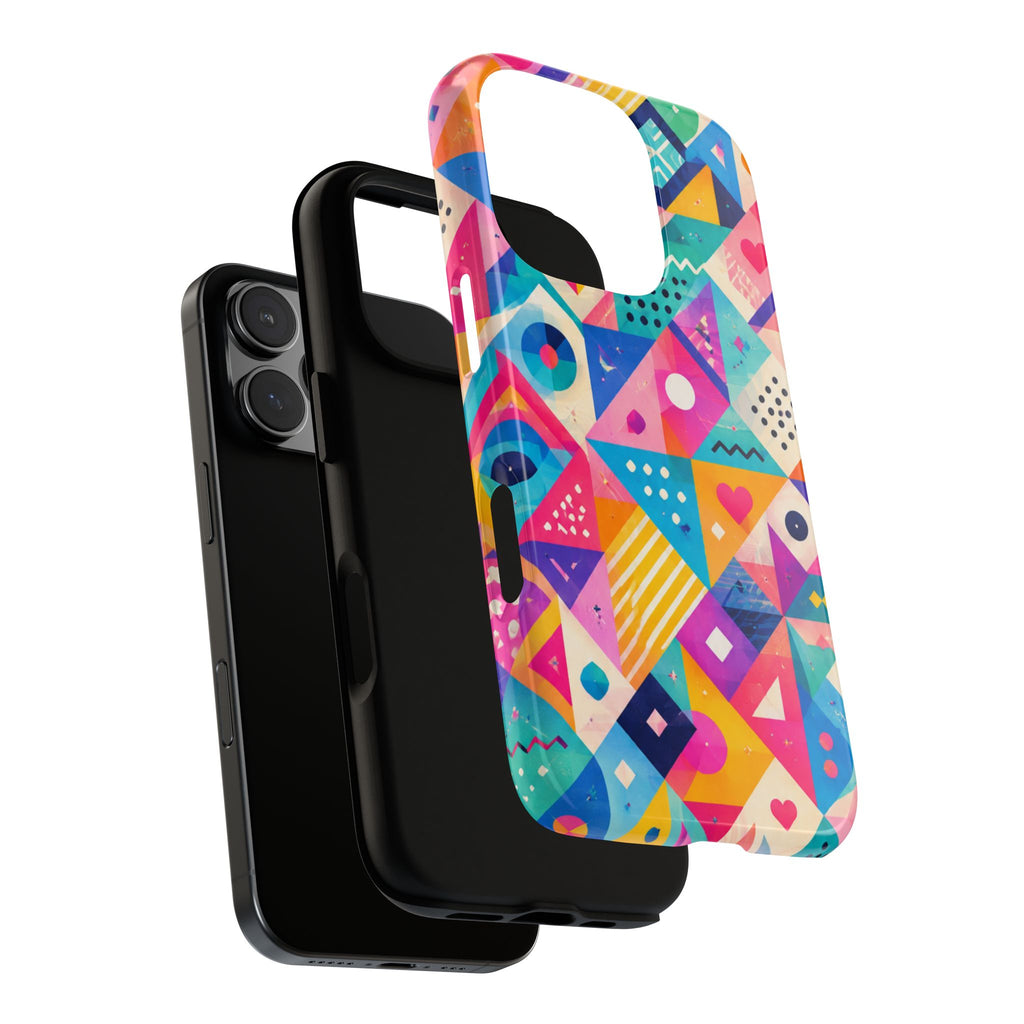 Colorful Geometric Tough Phone Case — Bright Abstract Heart & Triangle Pattern