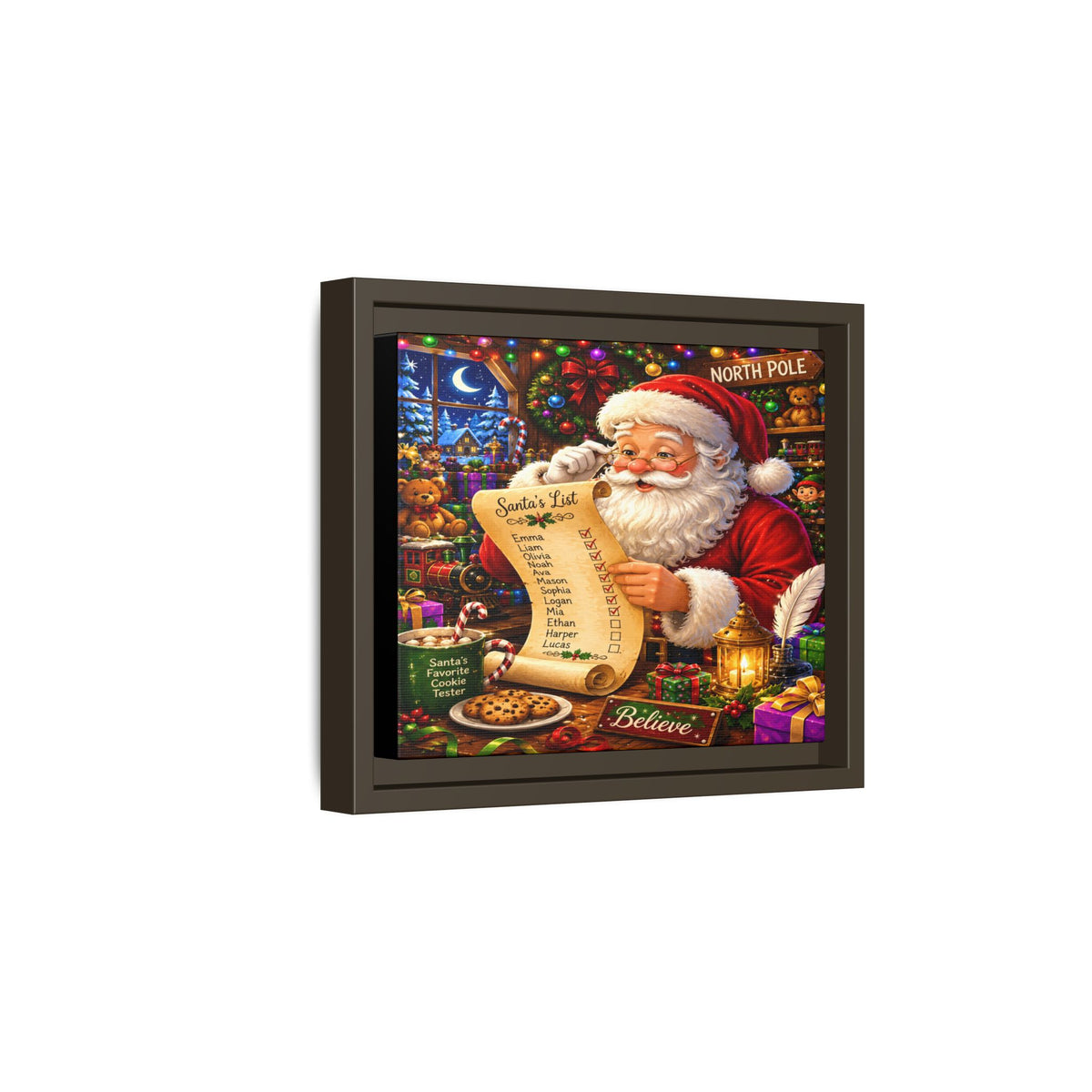 Santa Reading Wish List Matte Framed Canvas — Christmas Holiday Wall Art