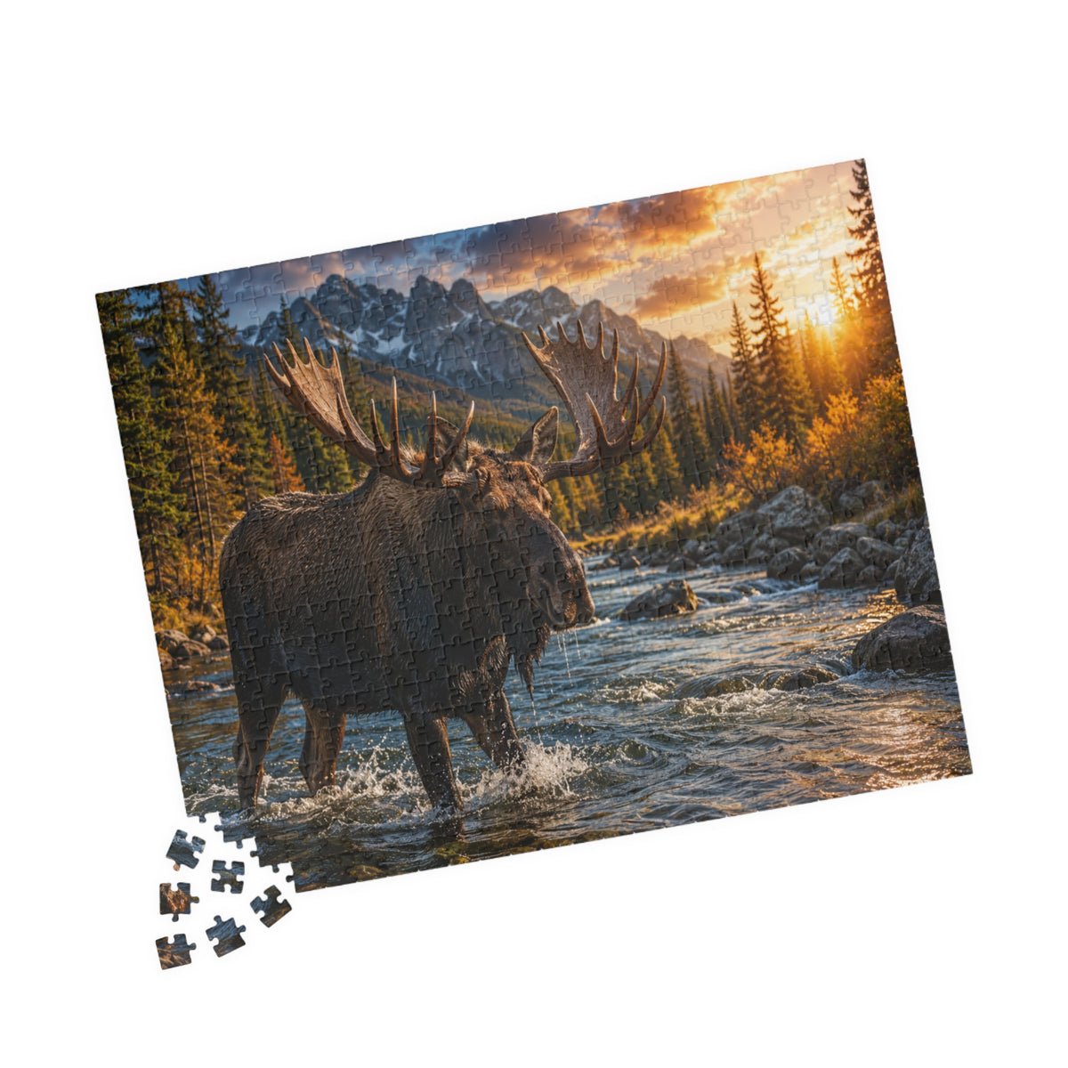 Moose River Sunset Puzzle — Scenic Nature Jigsaw (110–1014 pc)