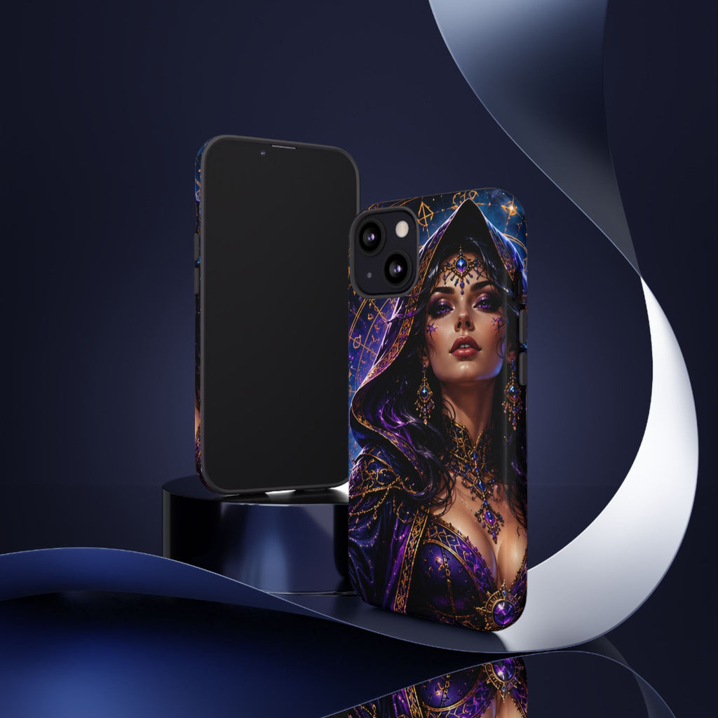 Phone Case — Mystical Sorceress Art Protective Tough Case (Astrology, Purple Hooded Witch)