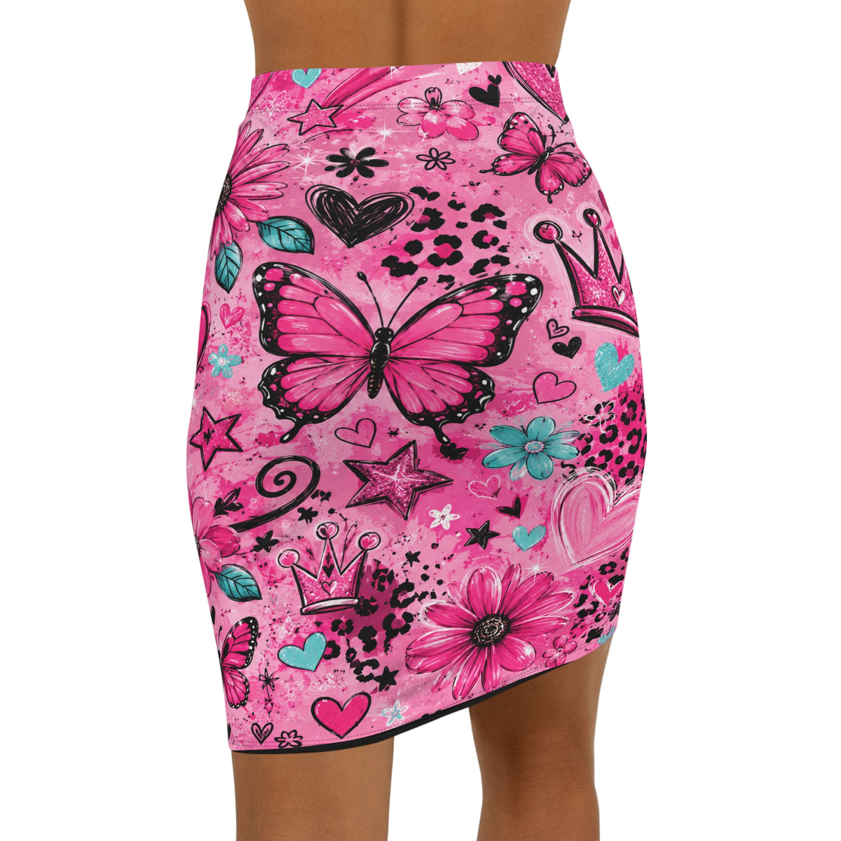 Pink Butterfly Doodle Pencil Skirt — Floral Hearts & Crown Print